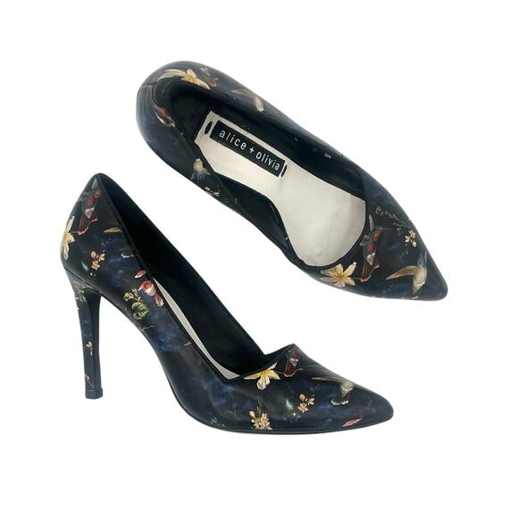 Alice + Olivia Dina Botanical print Humming bird pums Silettos Art to wear Sz 7 - Picture 1 of 12